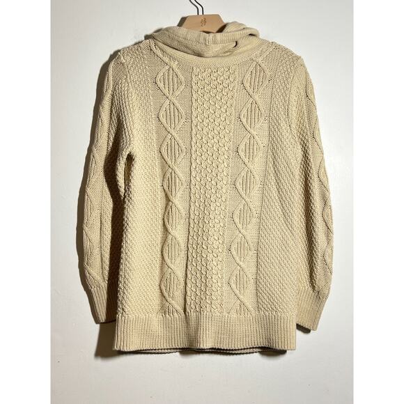 LL Bean Signature Cream Cotton Funnelneck Pullover Cable Fisherman Sweater M - Picture 6 of 8